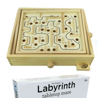 A wooden Labyrinth Tilt Maze showing the two handles that allow you to move the board in different directions to avoid the balls dropping through the holes.