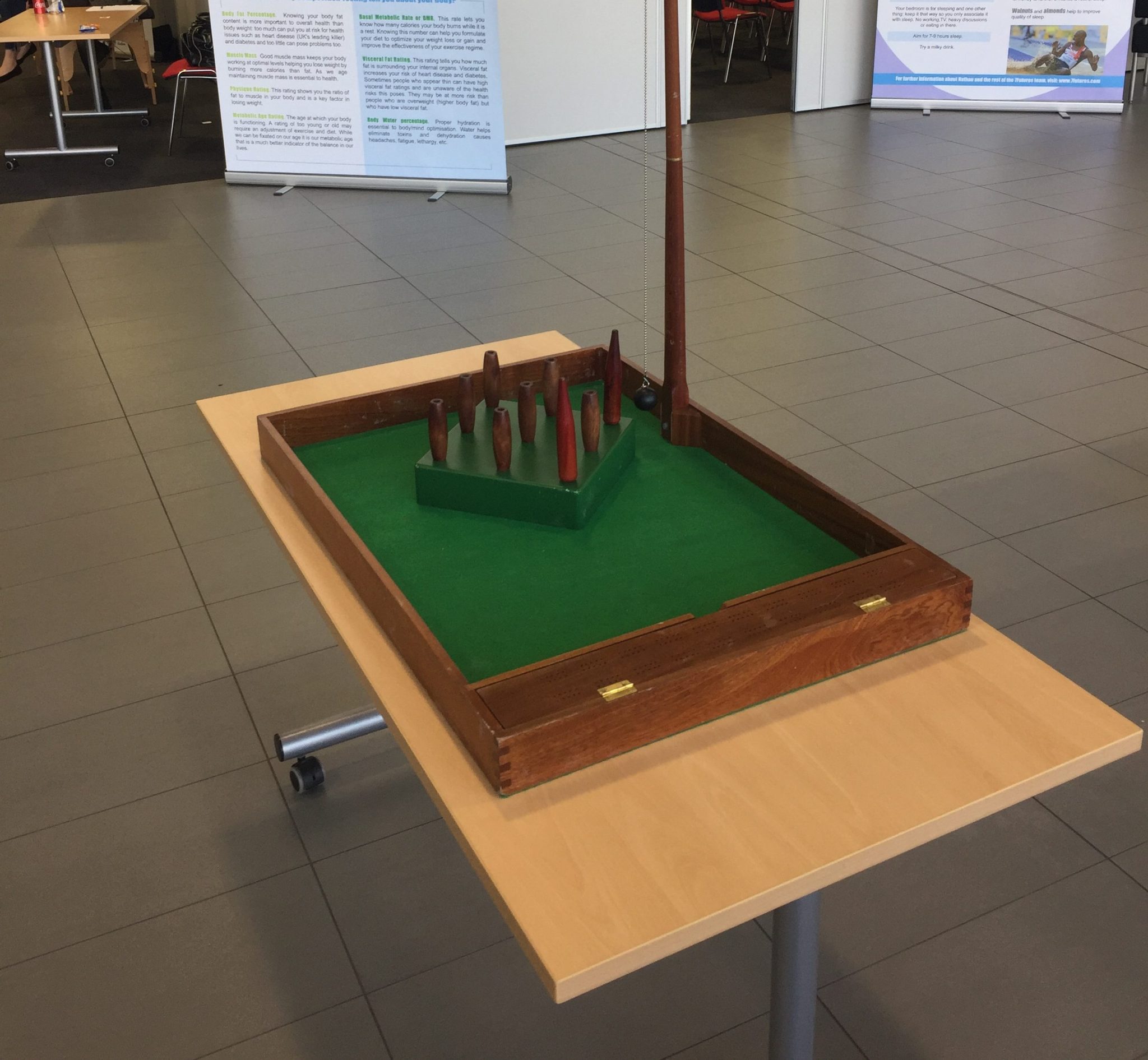 Our Traditional game of Table-top Pub Skittles set up at an indoor event.