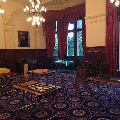 Our range of Table-top Traditional games set up in a hotel room ready for the Wedding evening reception to begin.
